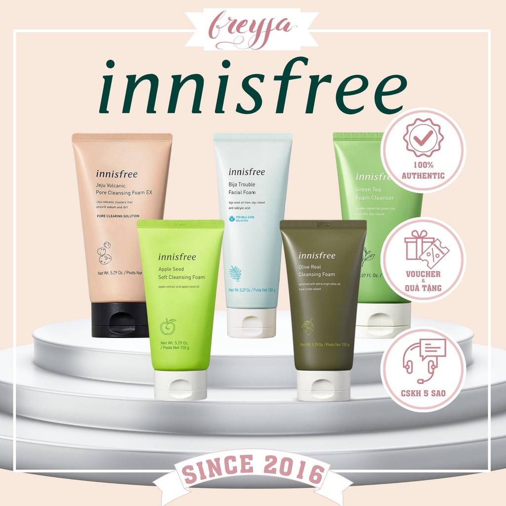 Sữa rửa mặt tạo bọt Innisfree Cleansing Foam Tro Núi Lửa, Trà Xanh, Olive, Táo, Bija 150ml dành cho mọi loại da