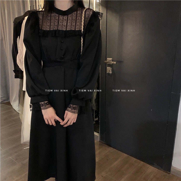 Váy Dáng Xòe 🍊 [Tiệm Vải Xinh] 🍊 Đầm Dài Qua Gối Ren Ngực - Hàng Quảng Châu V007