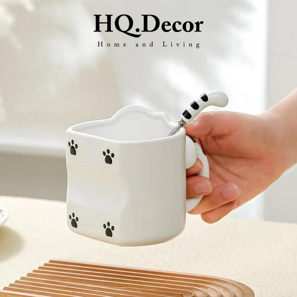Cốc sứ ly sứ hình mèo cao cấp đáng yêu màu trắng có quai kèm thìa chịu nhiệt tốt - HQ.DECOR - HQ03