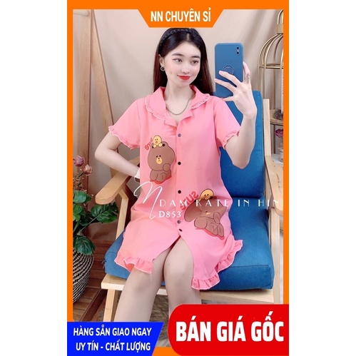 Đầm nữ mặc nhà phom rộng chất vải mềm mịn mát in hình gấu in hoạt hình dễ thương D853