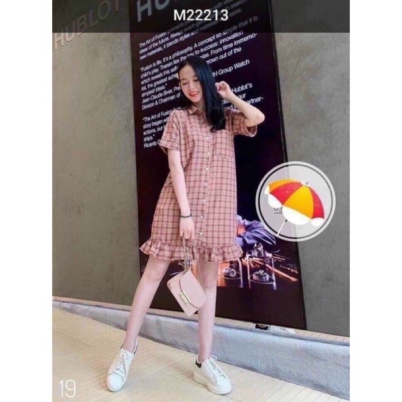Đầm sơ mi caro tay con phối bèo dáng suông_hình thật.