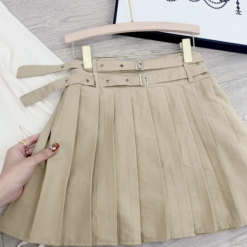 Set áo len be dài tay rút eo mix chân váy xếp ly kèm đai