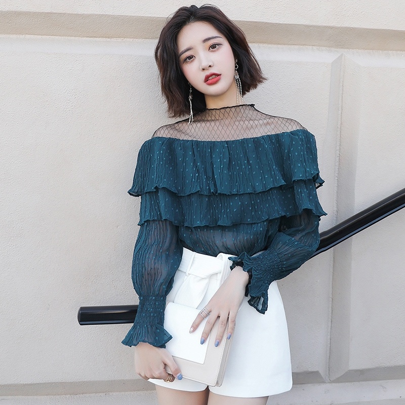 Áo voan phối ren lưới tay dài hở vai phong cách Hàn Quốc quyến rũ cho nữ
