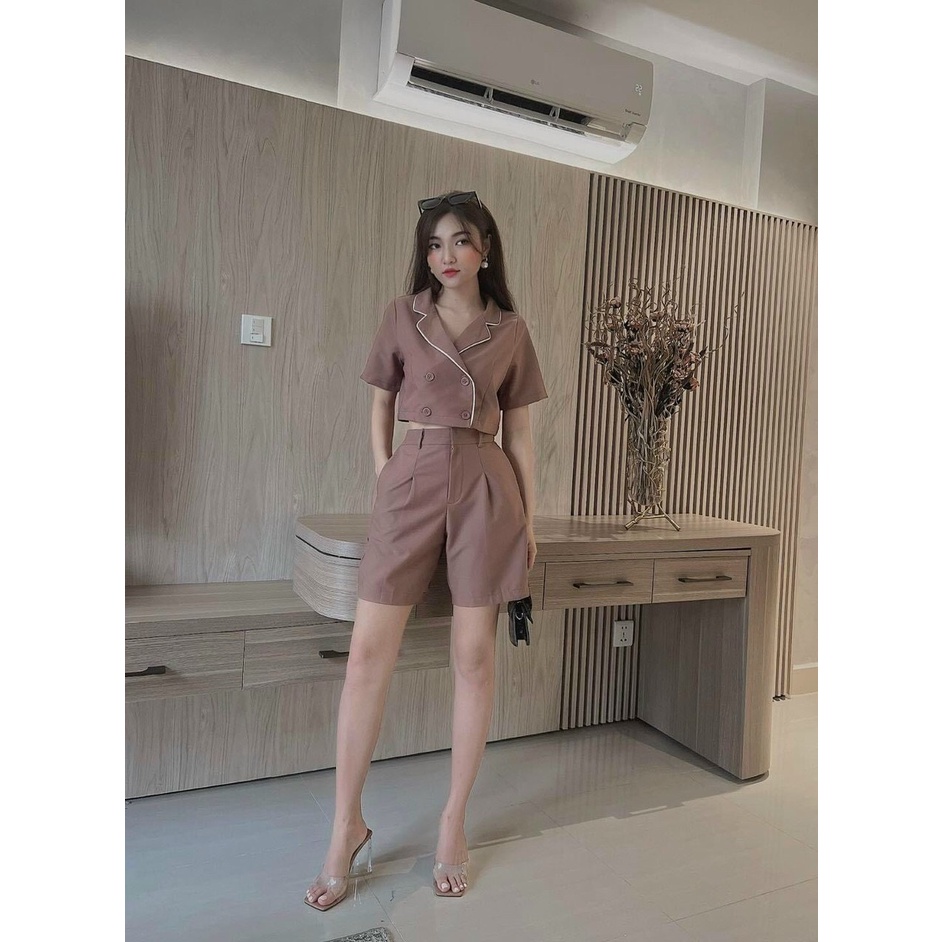 [8.8 Sales Freeship] Set bộ vest lửng công sở, set áo vest tay ngắn phối chạy viền croptop, quần ngố rộng lưng cao