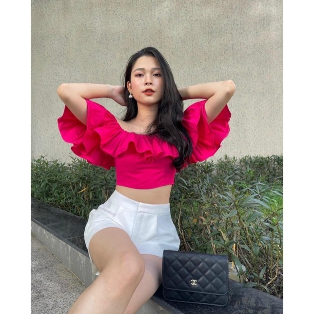 [ Hàng sẵn] Set Áo croptop trễ vai mix quần đùi( kèm video cận chất)