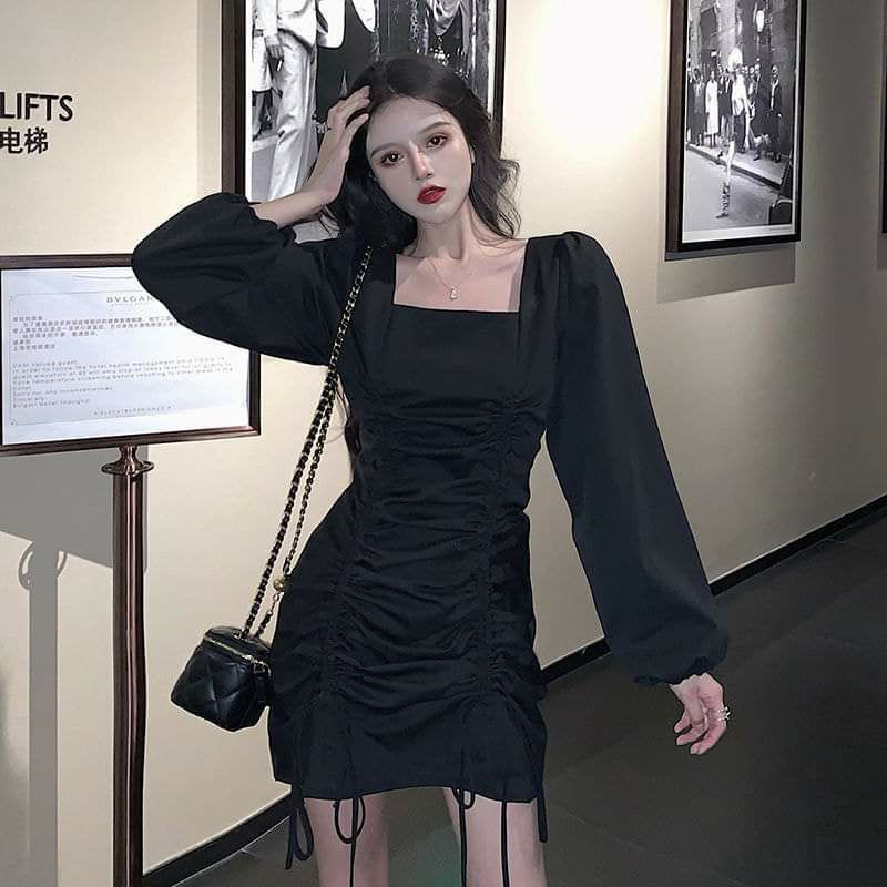 Váy body dây rút eo dài tay bo chun hàng QC