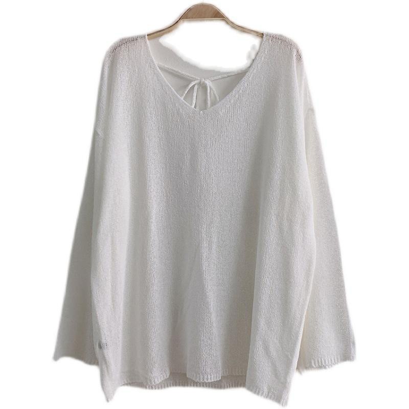 Korean Ice Silk Sweater Hollow Thin Blouse Sun Shirt Sense of DesigninsBackless Women's Long SleevevCollar Transparent Top