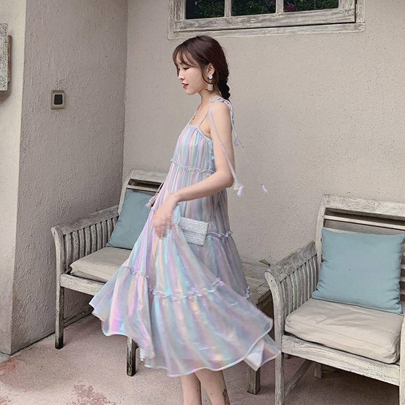 Đầm Chiffon Hai Dây Co Giãn Phối Bèo Màu Cầu Vồng Phong Cách Hàn Quốc