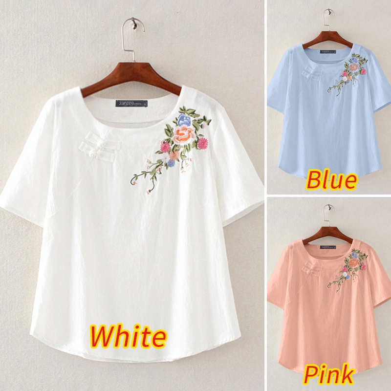 Áo blouse ZANZEA thêu hoa tay ngắn cổ tròn rộng rãi thông thường