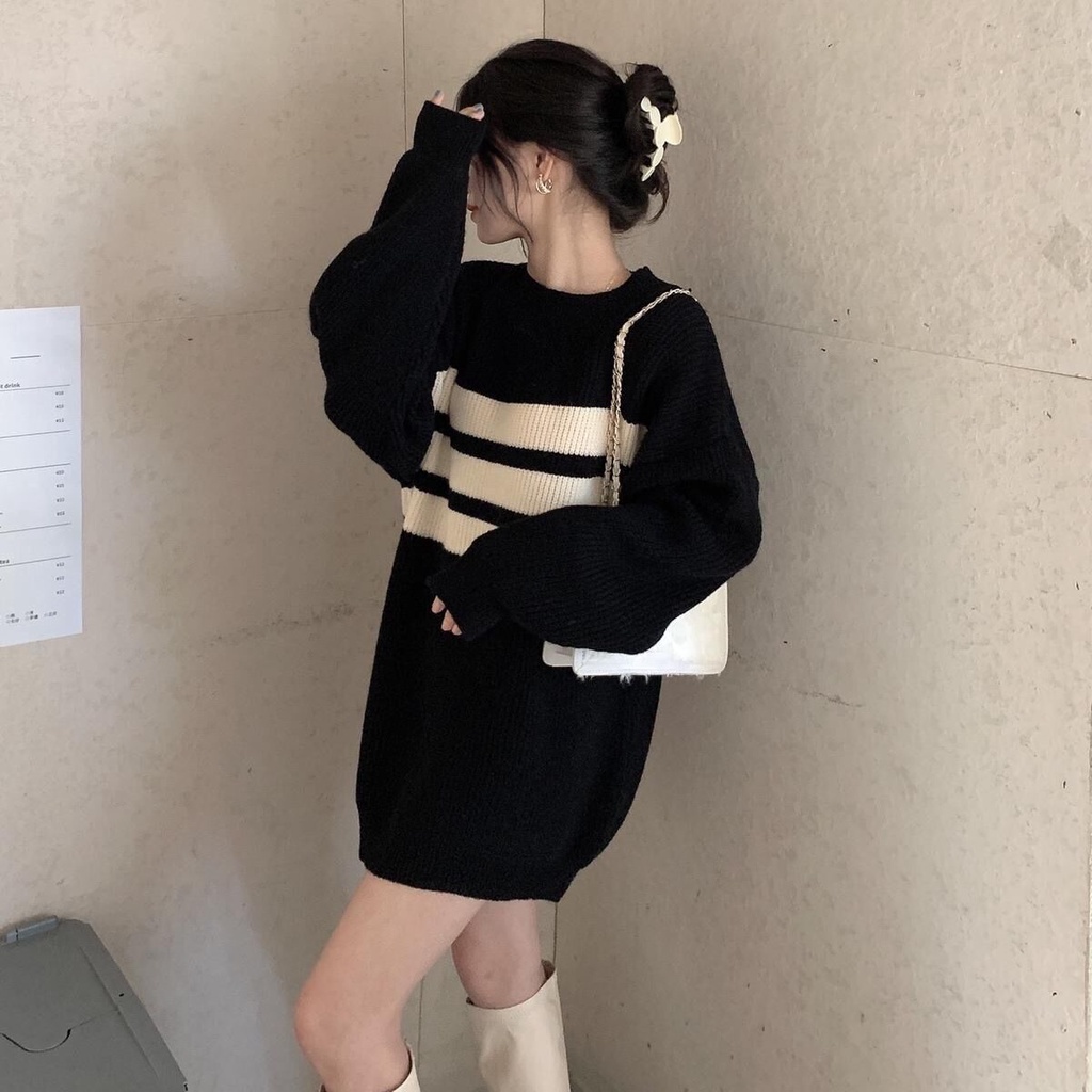 HUANG YOYO Áo croptop Áo len nữ dài tay cổ tròn sọc ngang thời trang Hàn