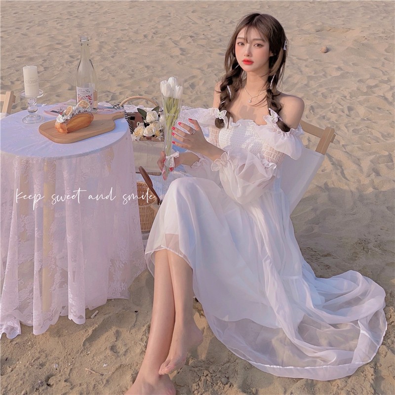 Đầm nữ dáng xòe trễ vai midi Emilyshop