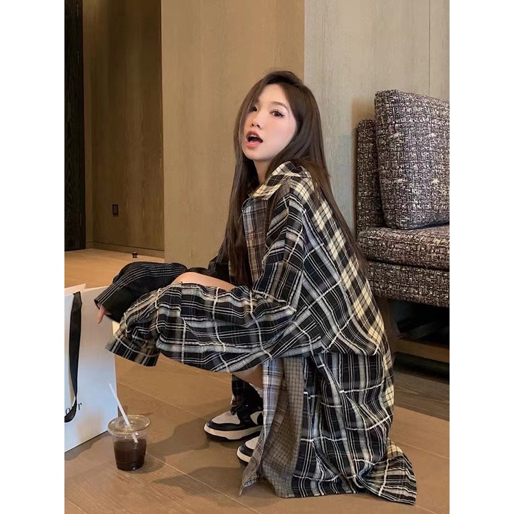 Áo Sơ Mi Nữ Tay Dài Dáng Rộng Họa Tiết Caro Phong Cách Retro