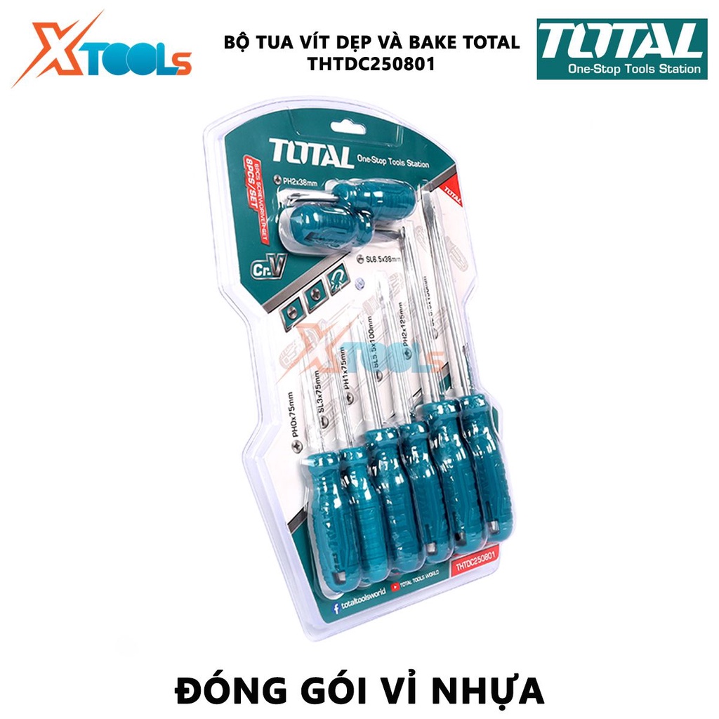 Bộ tuốc nơ vít dẹp và bake 8 chi tiết TOTAL THTDC250801 | dùng để siết chặt hoặc gỡ bỏ ốc vít [CHÍNH HÃNG] [XTOOLs]