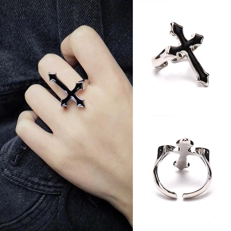 1 Nhẫn Hở Hình Chữ Thập Màu Đen Phong Cách Gothic Cổ Điển Cho Nam Và Nữ