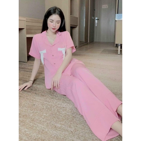 Pijama lụa latin thiết kế nơ dễ thương chất lụa mềm mịn thoáng mát