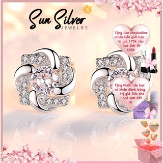 Khuyên Tai Nữ Bạc 925 Mạ Bạch Kim Hình Bông Đính Đá CZ Trắng Cao Cấp Sun Silver