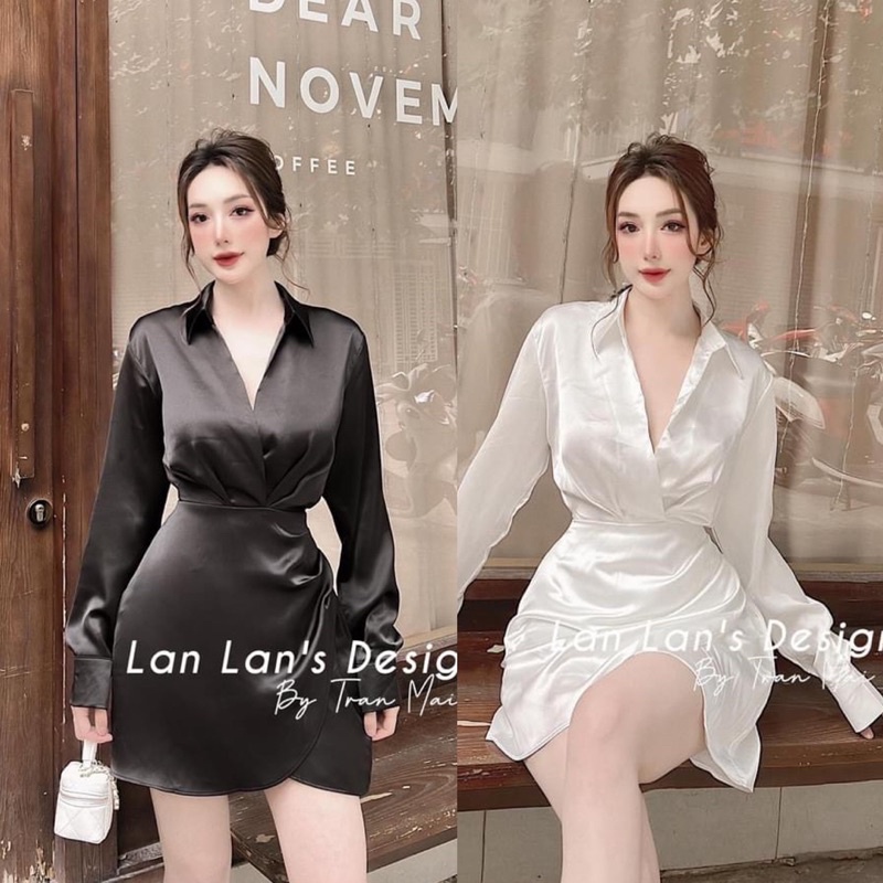 ĐẦM SƠ MI LỤA NHÚN EO TRẮNG ĐEN