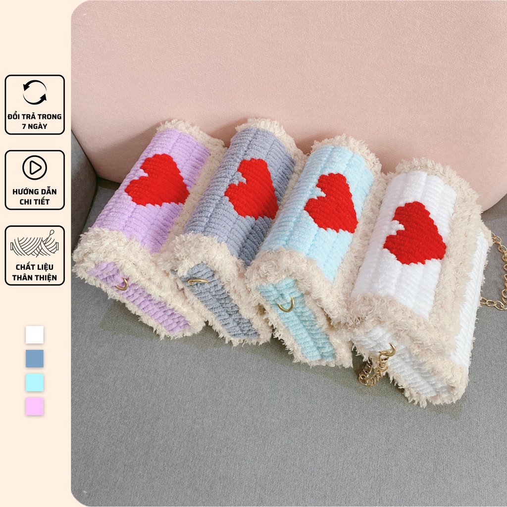 Túi tự đan handmade phối trái tim đỏ, túi đeo chéo dễ thương cá tính - Bộ phụ kiện đầy đủ LX602