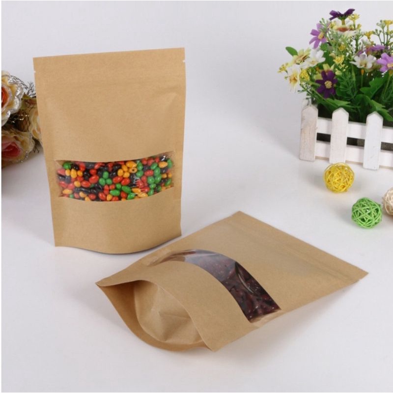 100g túi zip giấy kraft cửa sổ tràn,  2 cạnh màu nâu vàng hàng nhập đẹp, bóng mịn