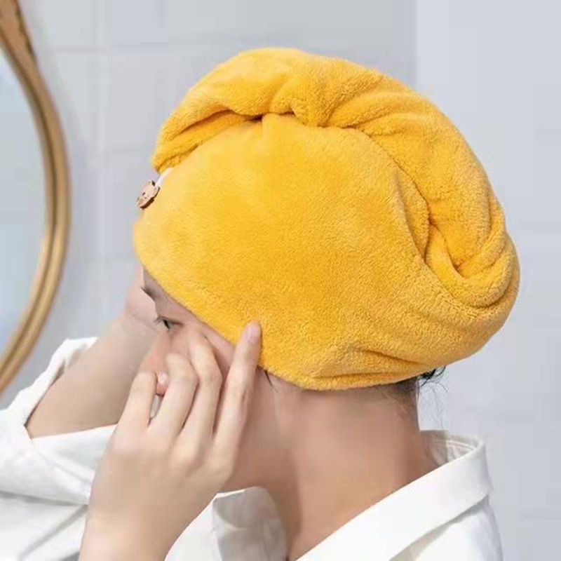 Mũ Trùm Đầu Sấy Khô Tóc Bằng Lông Cừu San Hô Dày Dặn Siêu Thấm Hút Nhanh Khô Cài Nút Phong