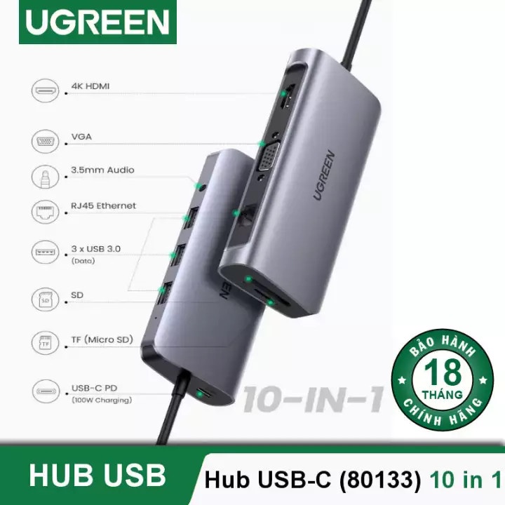 Hub Chuyển USB Type C 10 in1 Cao Cấp Ugreen 80133 Chính Hảng CM179