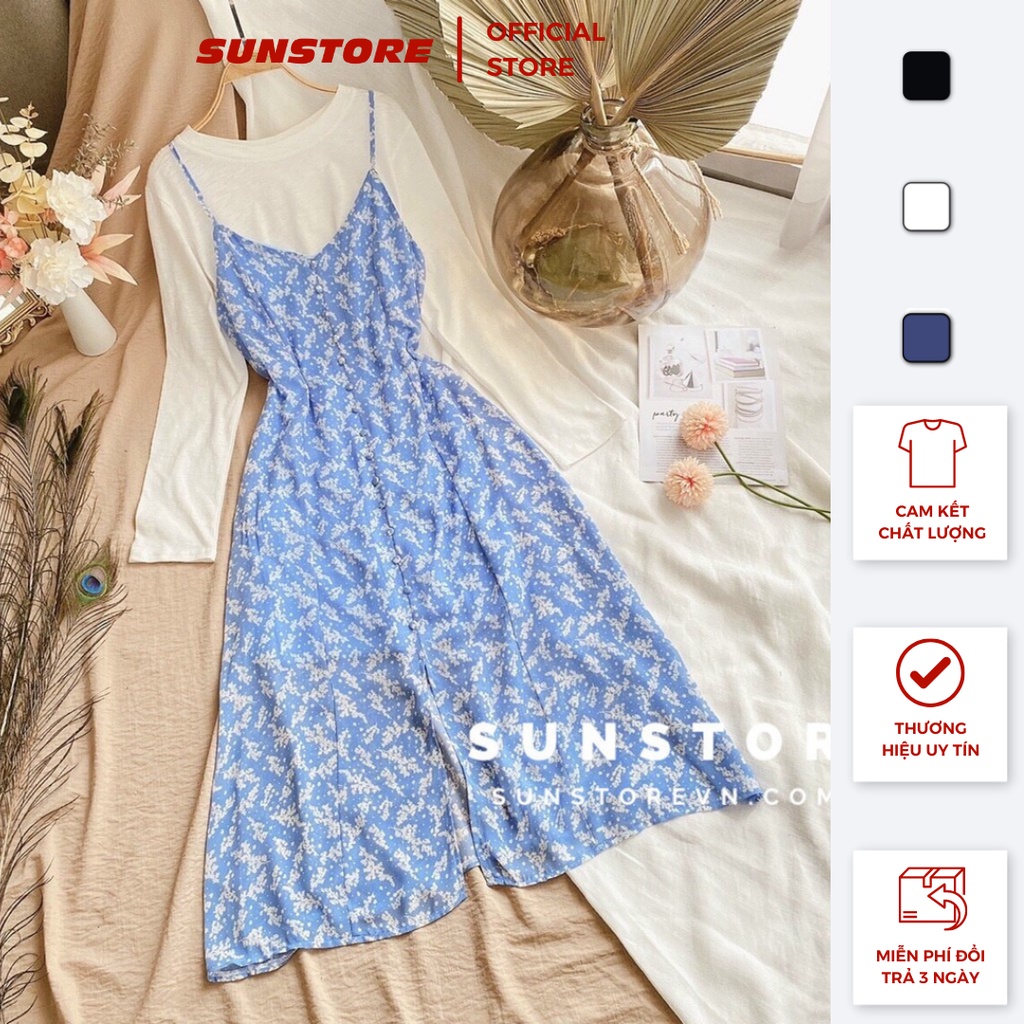Set đồ nữ đi chơi áo thun trắng tay dài và yếm váy hoa cúc xẻ tà xanh dương