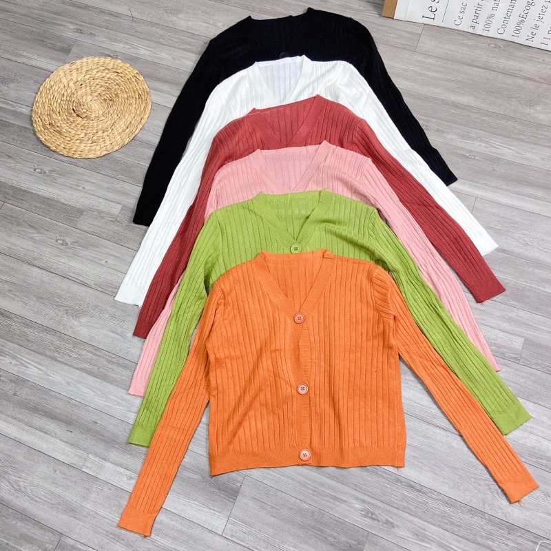 Áo Khoác Len Tăm Cardigan Croptop QC Dài Tay 3 Cúc