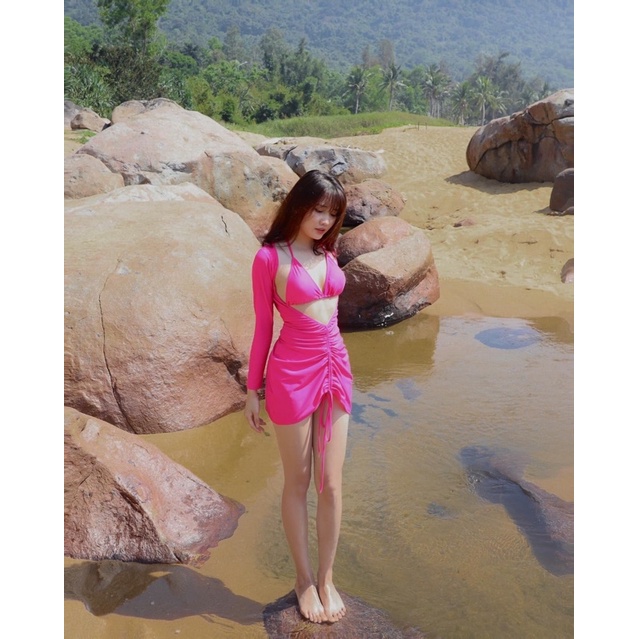 Set bikini 2 mảnh kèm khoác tay dài xẻ ngực nhiều màu