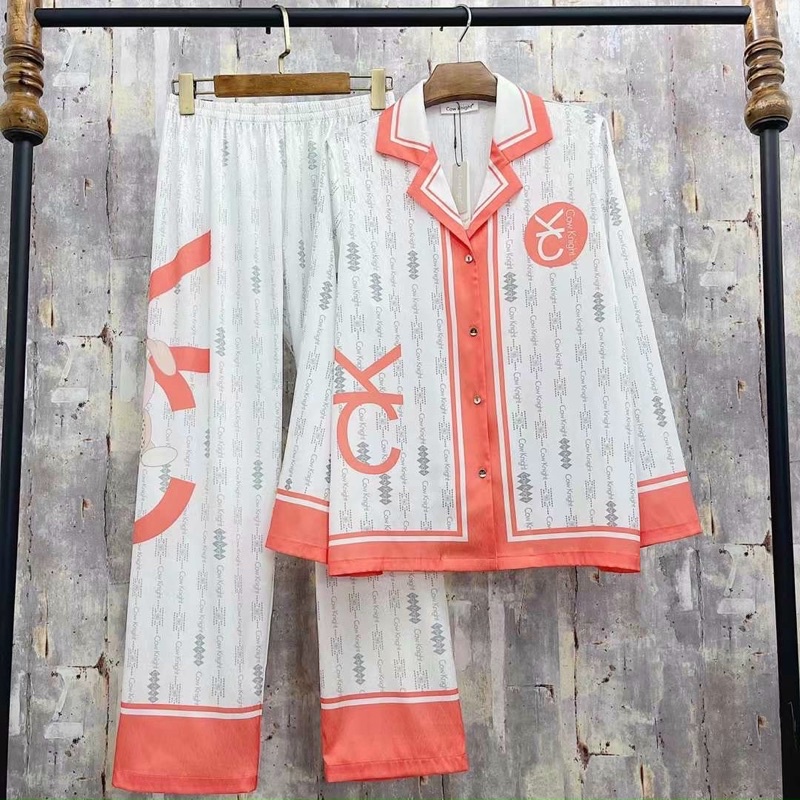 [Hàng sẵn] Bộ ngủ mặc nhà pijama lụa xước Quảng Châu cao cấp tay dài C K cam