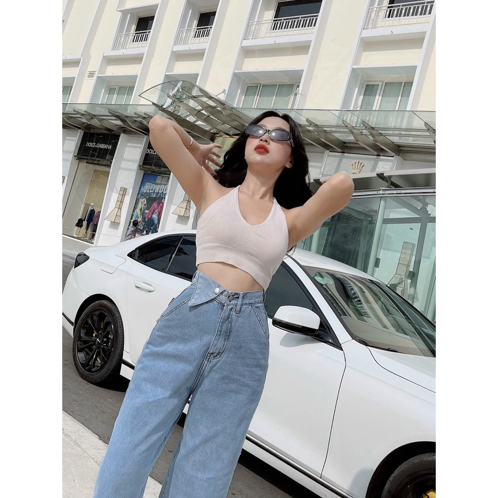 Quần jean nữ ống rộng túi nắp phía trước màu xanh, quần bò nữ lưng cao dáng suông basic OHS3908