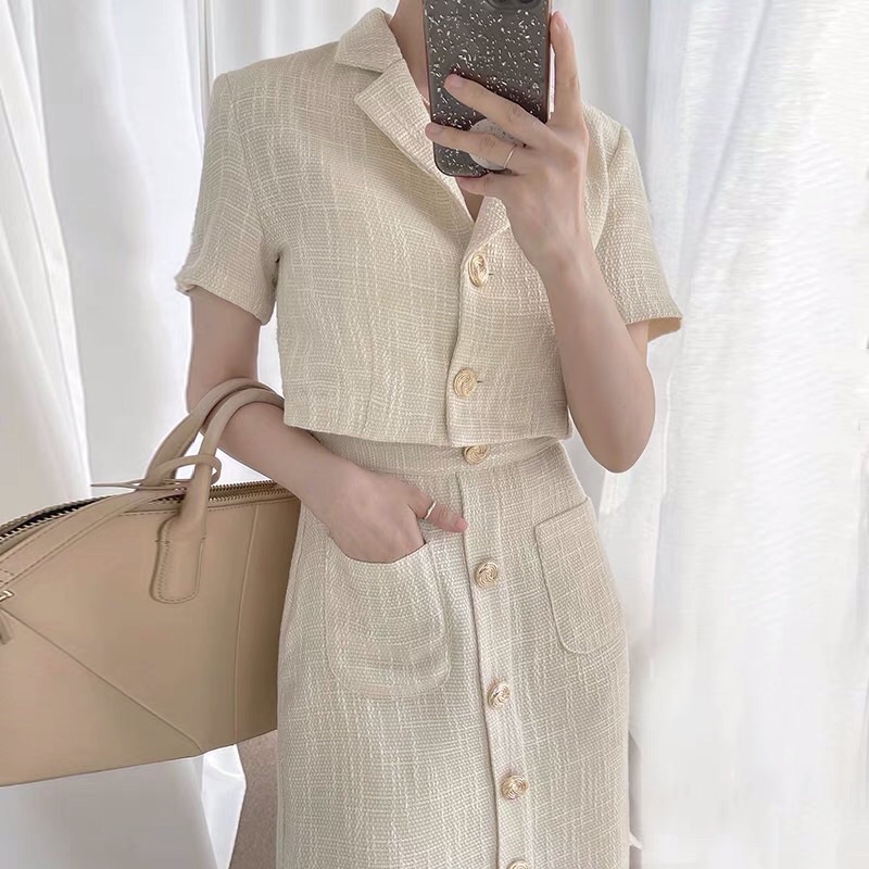 Set áo dạ sweet Hàn Quốc áo vest ngắn tay mix chân váy bút chì