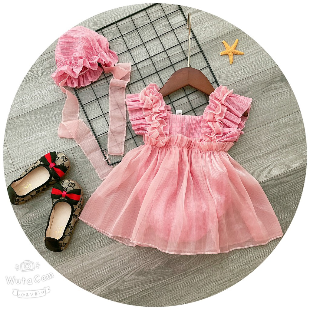Body Cho Bé Gái  Kiểu Váy Nhún Bèo Kèm Mũ Cho Bé Từ Sơ Sinh Đến 3 Tuổi .
