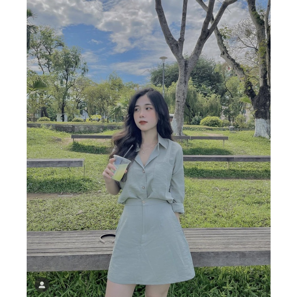 Hava set - Set áo sơ mi tay dài phối chân váy chữ A chất linen thun cực mát ba màu LOVI