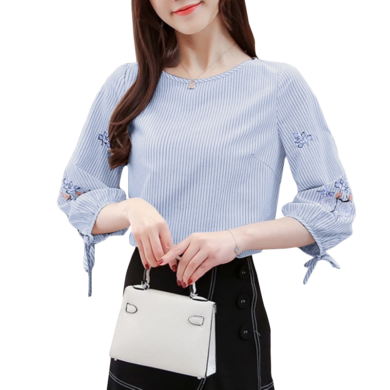 Áo Nữ ZANZEA Tay Dài Kẻ Sọc Thêu Hoa Thời Trang