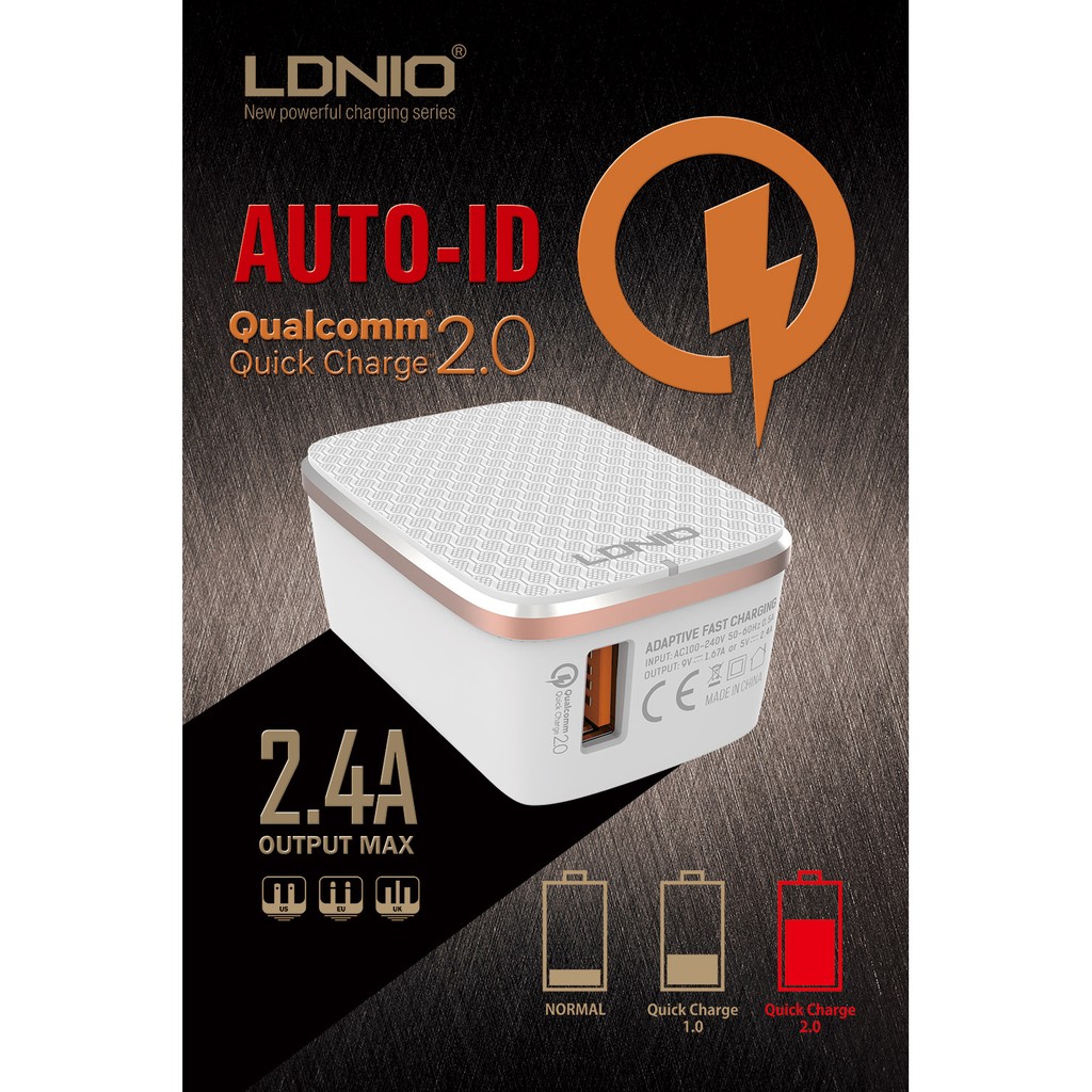 Cốc sạc điện thoại Quick Charge QC 2.0 cao cấp Android iPhone có IC ổn dòng bảo vệ thiết bị LDNIO A1204Q Trắng