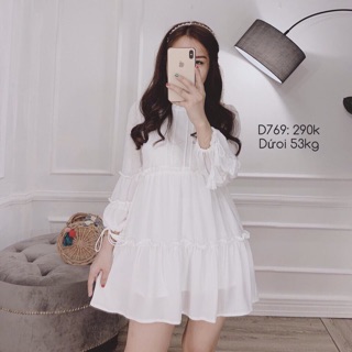 Đầm xoè tay nơ tiểu thư phong cách hàn quốc 2 màu trắng hồng