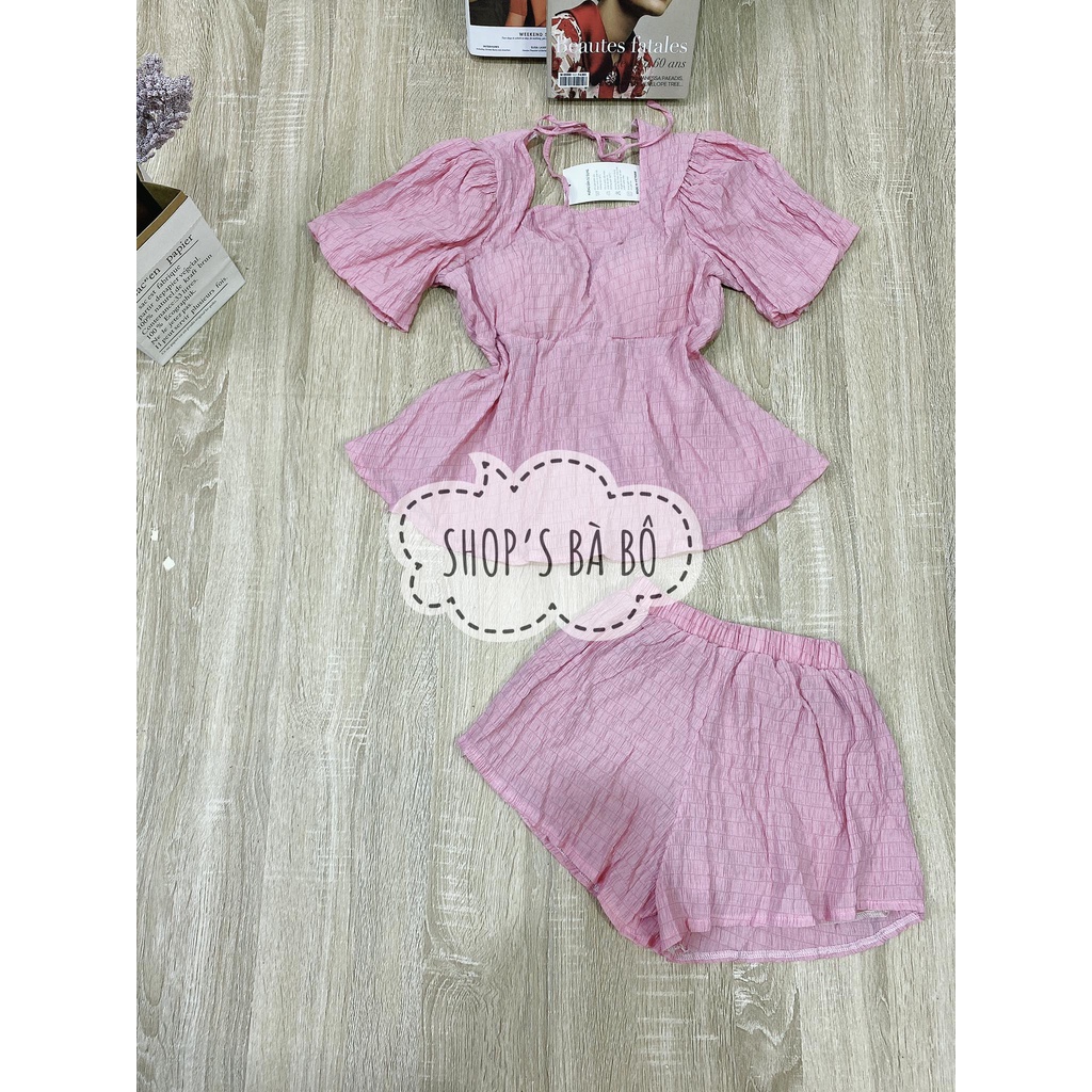 Set đũi xốp cho nữ mặc nhà, mặc đi chơi, áo babydoll hở lưng có dây cột nơ lưng, quần short siêu dễ thương