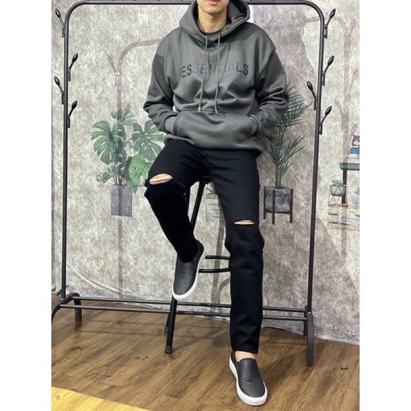 Quần jean nam đen trơn rách gối nhẹ cao cấp ,Quần bò đen trơn rách gối nam vải jean cotton co giãn cực tốt