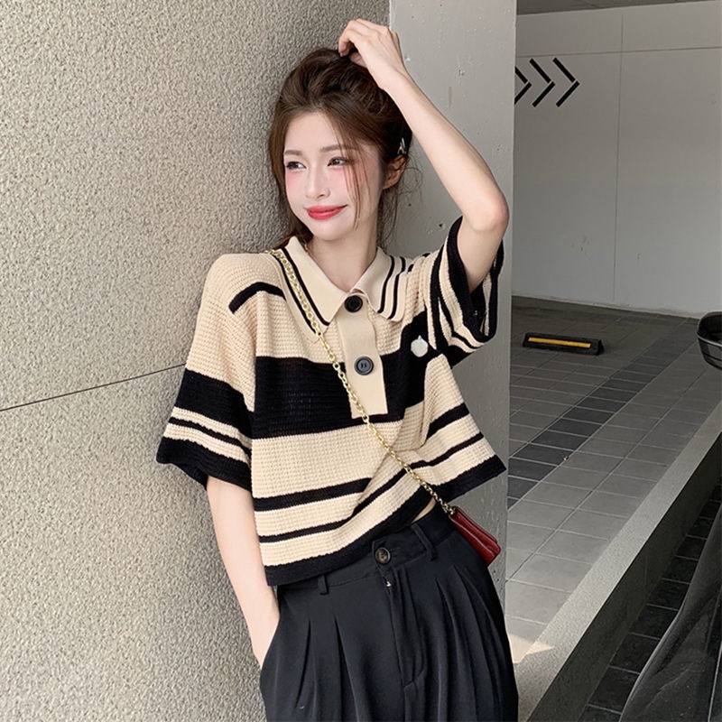 Áo Thun POLO Dệt Kim Tay Ngắn Dáng Rộng Họa Tiết Kẻ Sọc Phong Cách Cổ Điển Thời Trang Mới Cho Nữ