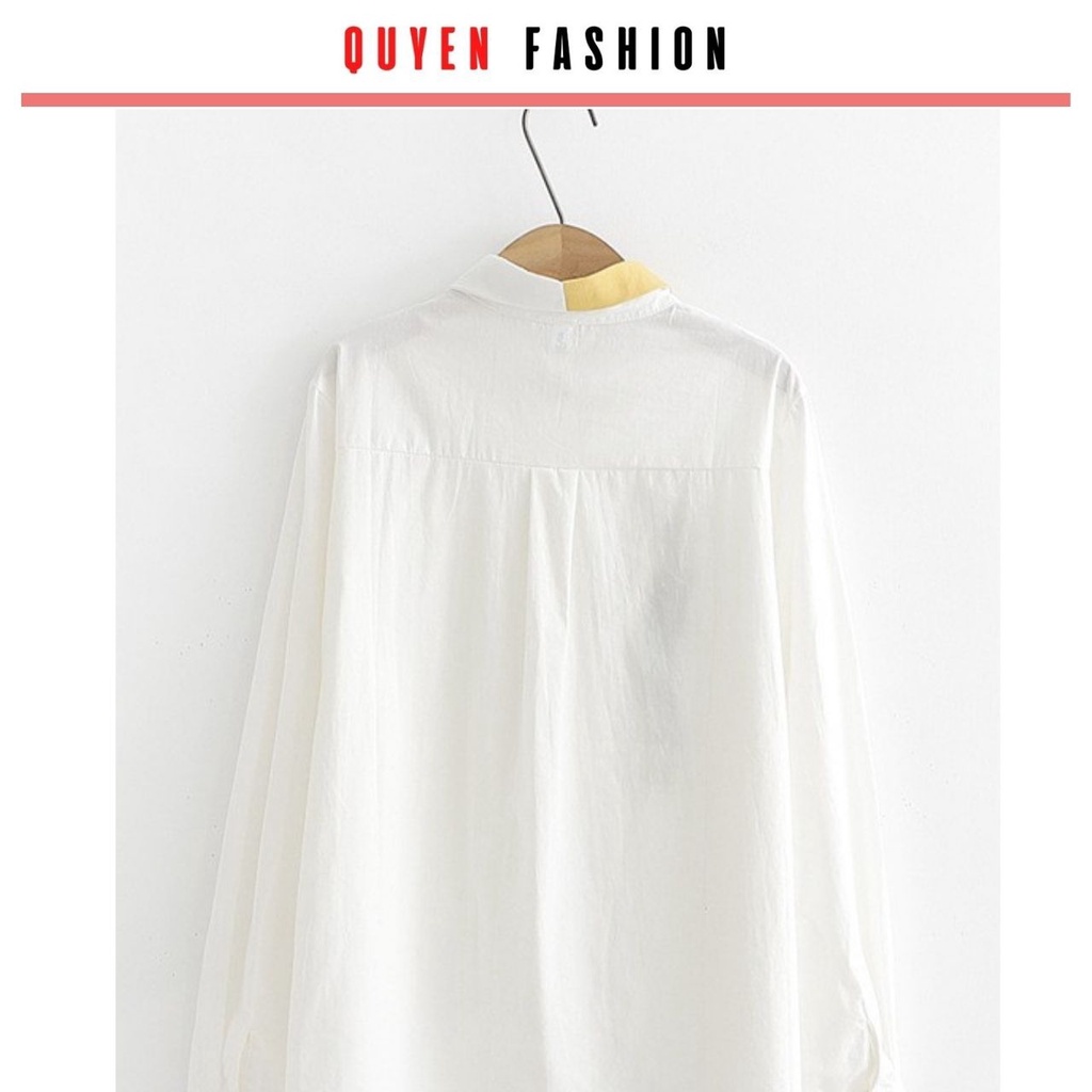 Áo sơ mi thêu hình cô gái Quyên Fashion AA556 công sở hàn quốc màu trắng, kẻ