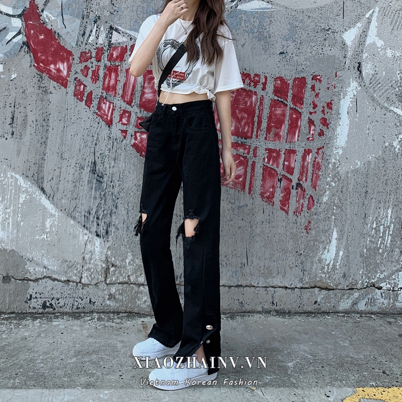 Xiaozhainv Quần Jean Ống Suông Xẻ Tà Thời Trang Retro Hàn Quốc Dành Cho Nữ