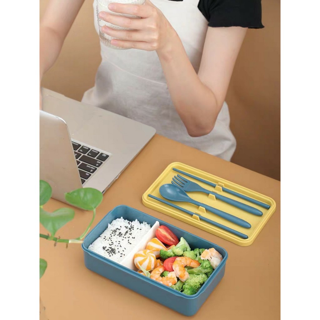 Hộp cơm lúa mạch 2 ngăn kèm thìa đũa