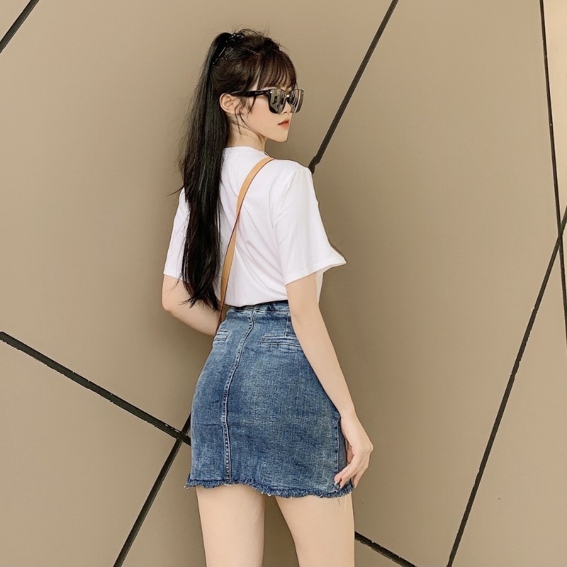 Chân váy jean chữ a ngắn phong cách Hàn Quốc gợi cảm trẻ trung cao cấp co giãn tốt RUBIE JEANS