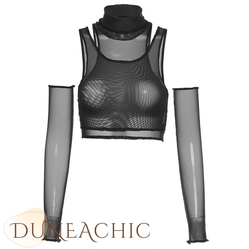 DUNEA Áo Tank Top Nữ Tay Ngắn Phối Lưới Xuyên Thấu Thời Trang