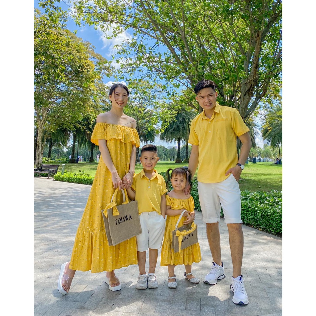 Set Gia Đình Vàng Tươi Hoa Nhí Xinh Lung Linh Fullsize 7-100kgs Chất Vải Đũi Cực Kỳ Mềm Mịn Thoáng Mát