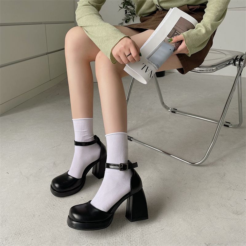 Giày cao gót Mary Jane Hàn Quốc đế vuông quai cài giản đơn màu đen đế cao 9cm