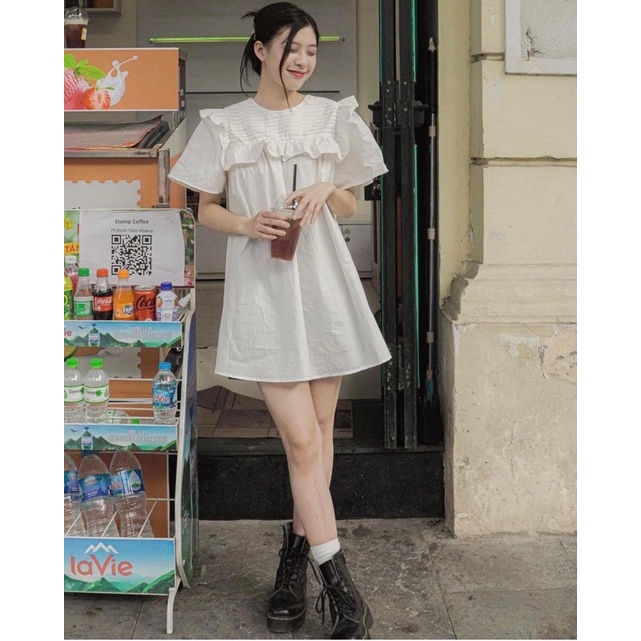 Đầm babydoll tiểu thư dáng xoè xếp ly ngực tay cánh tiên