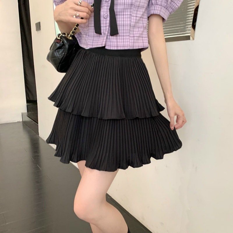 Chân váy nữ màu trắng, đen 2 tầng dập ly nhẹ dễ thương dễ phối đồ