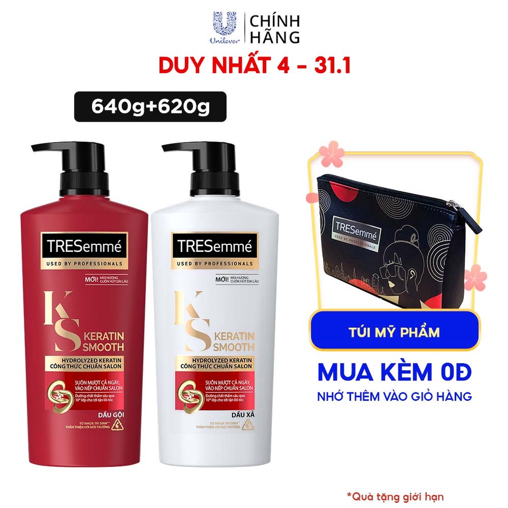 Combo Dầu Gội, Dầu Xả TRESEMME Keratin Smooth Dưỡng tóc khô xơ rối Công thức chuẩn salon Vào Nếp Suôn Mượt 640g, 620g