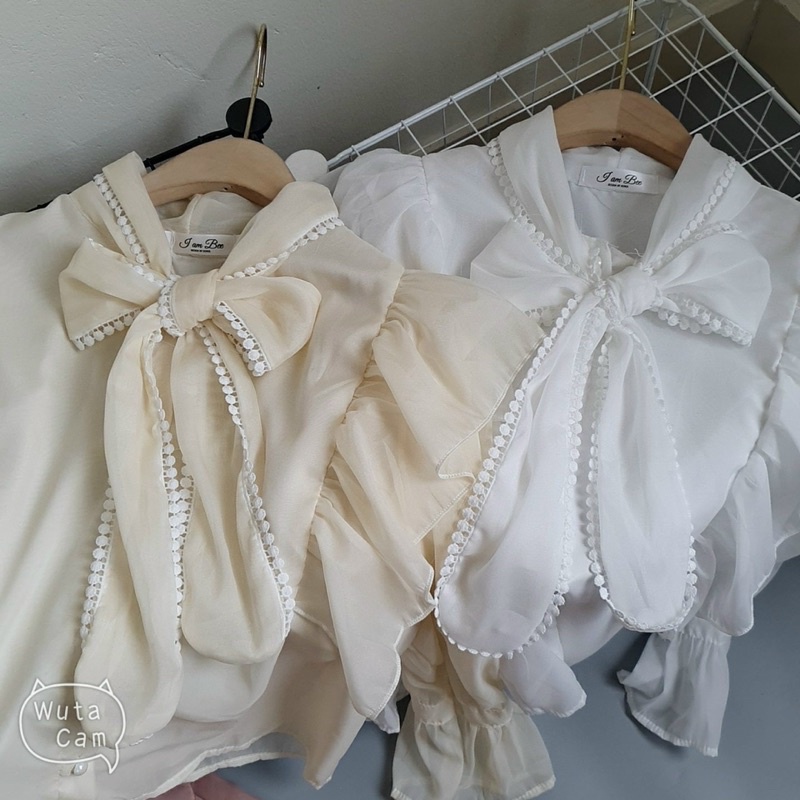 Áo sơ mi voan tơ bèo 2 lớp, cổ nơ viền ren, tay dài, màu trắng + be cho bạn gái